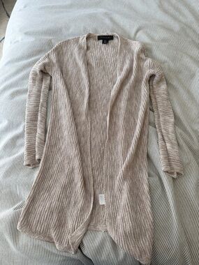 Tahari Taupe Open-Front Ribbed Longline Cardigan